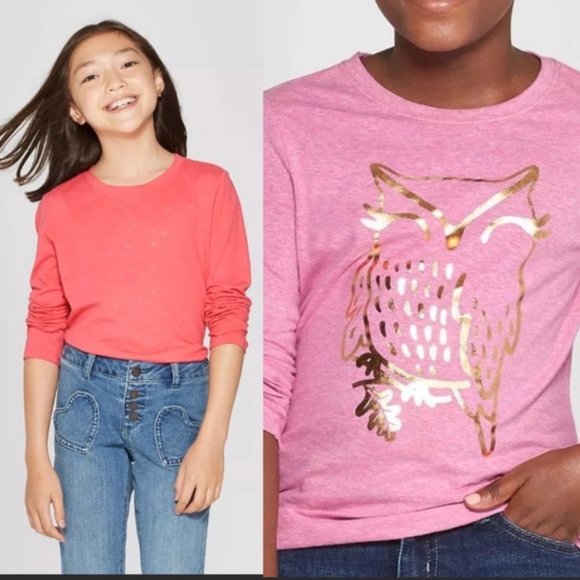 TWO Girls' Long Sleeve Owl Graphic T-Shirts (size 7) - Picture 1 of 7